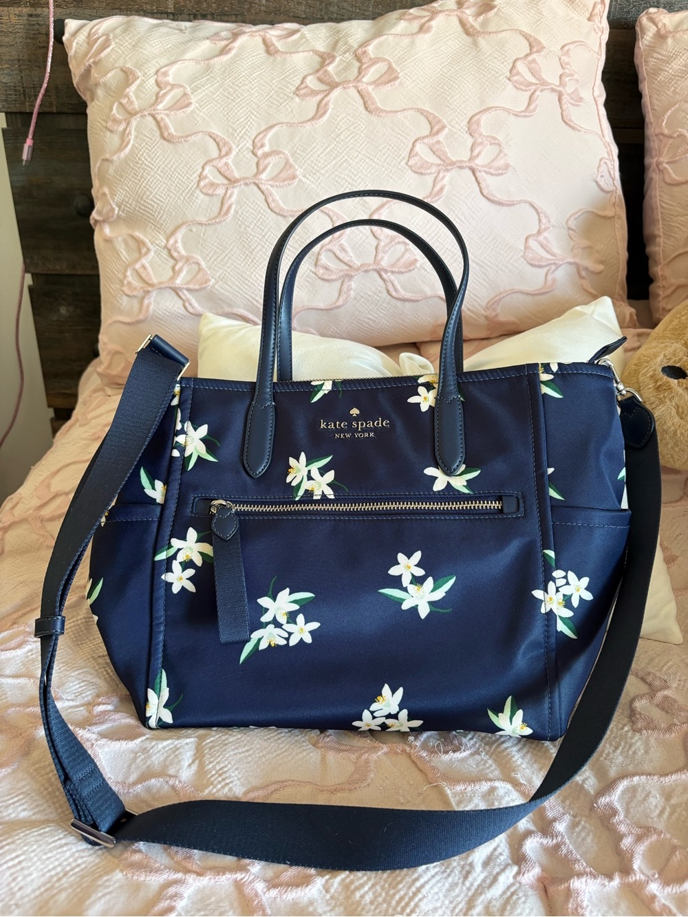 kate spade navy floral tote with white blossoms